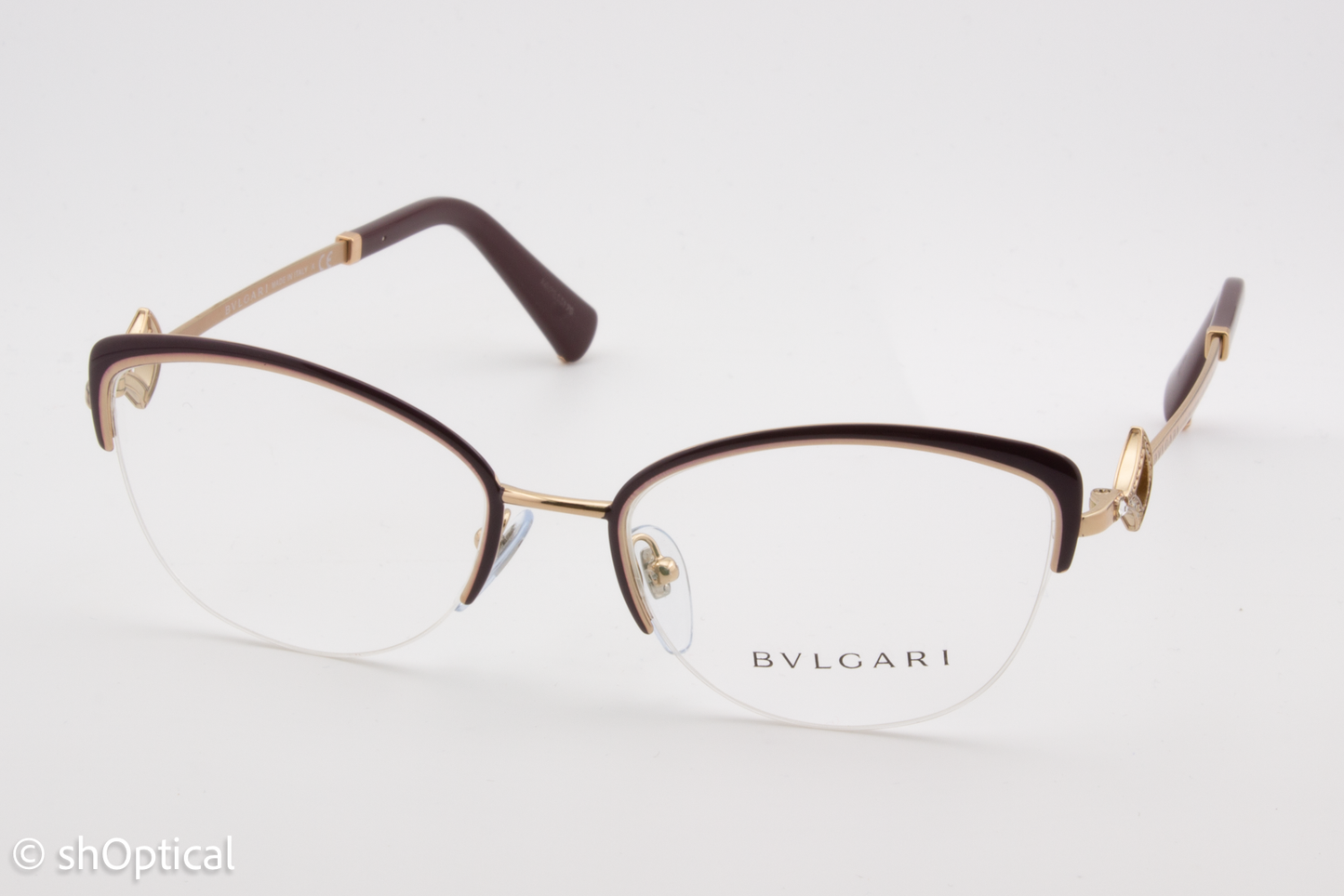 Bvlgari 2198-B  Female Cat Eye Glasses Frame Plum/Pink Gold 53mm