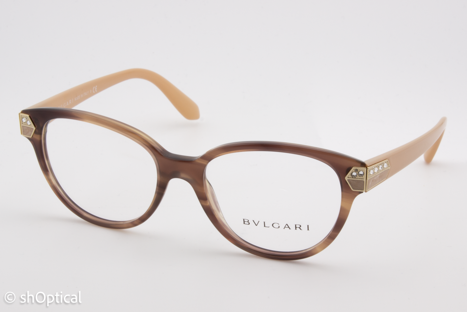 Bvlgari 4136-B  Female Cat Eye Glasses Frame Striped Brown 52mm