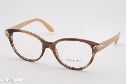 Bvlgari 4136-B  Female Cat Eye Glasses Frame Striped Brown 52mm