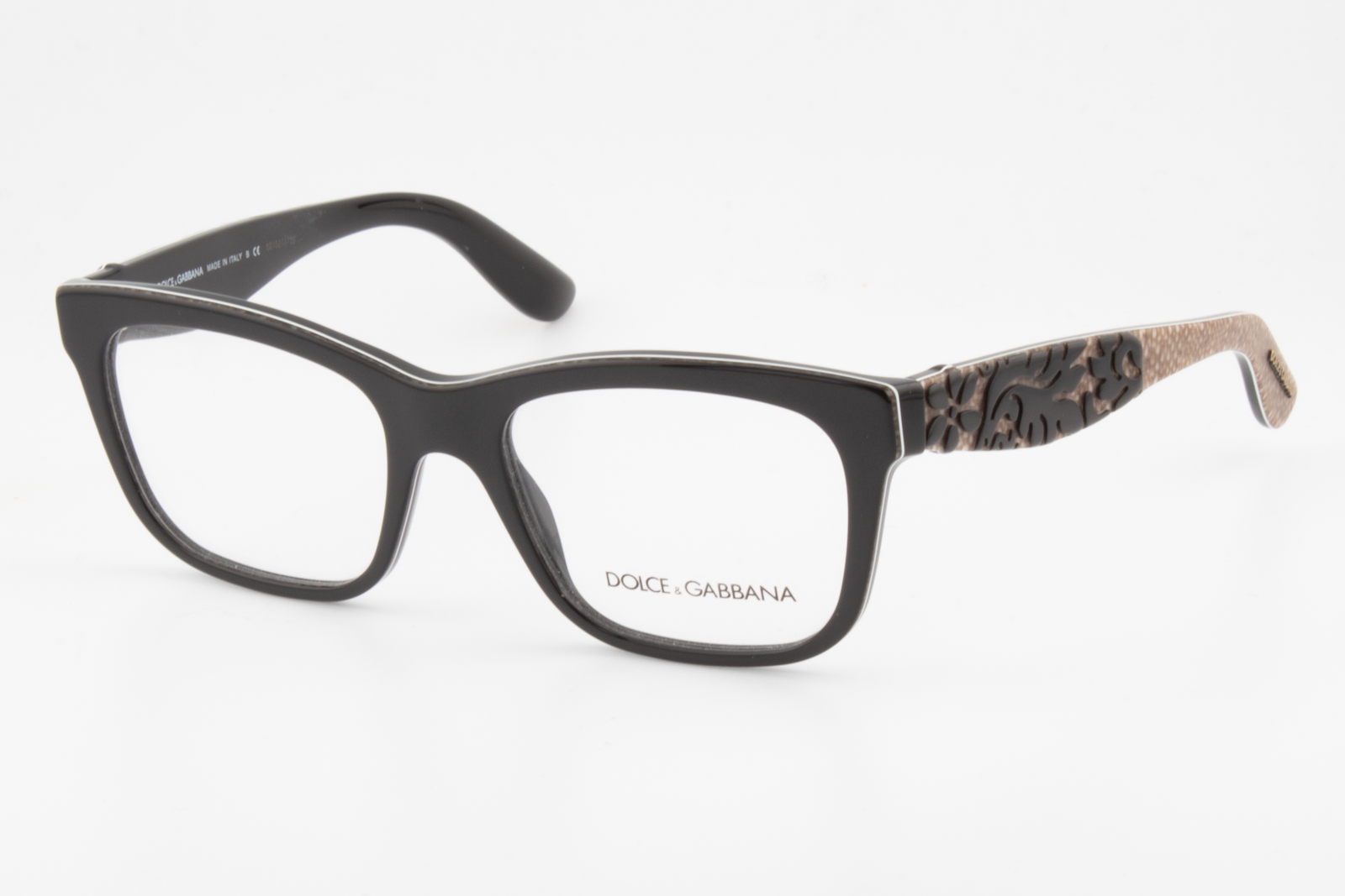Dolce & Gabbana DG3239  Female Square Glasses Frame Black with brown patterened arms and black embossed flower temples 52mm