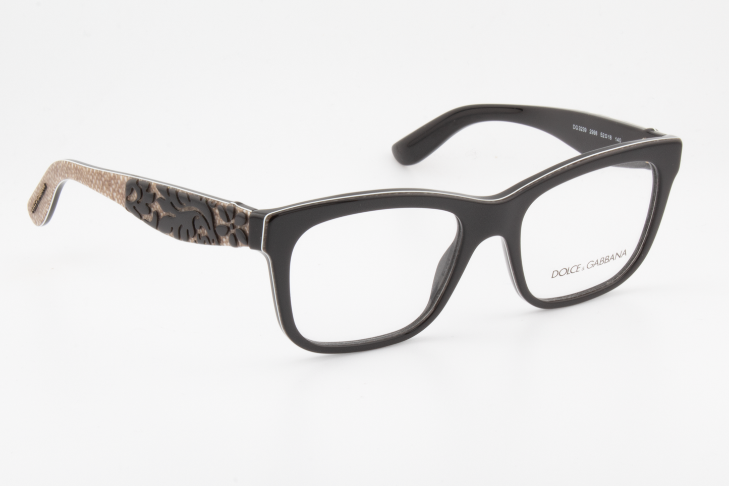 Dolce & Gabbana DG3239  Female Square Glasses Frame Black with brown patterened arms and black embossed flower temples 52mm