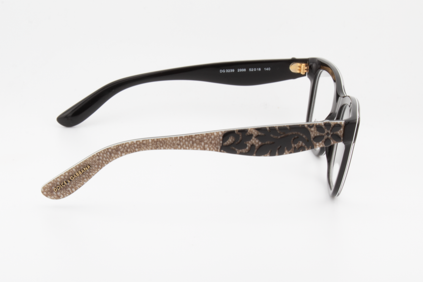 Dolce & Gabbana DG3239  Female Square Glasses Frame Black with brown patterened arms and black embossed flower temples 52mm