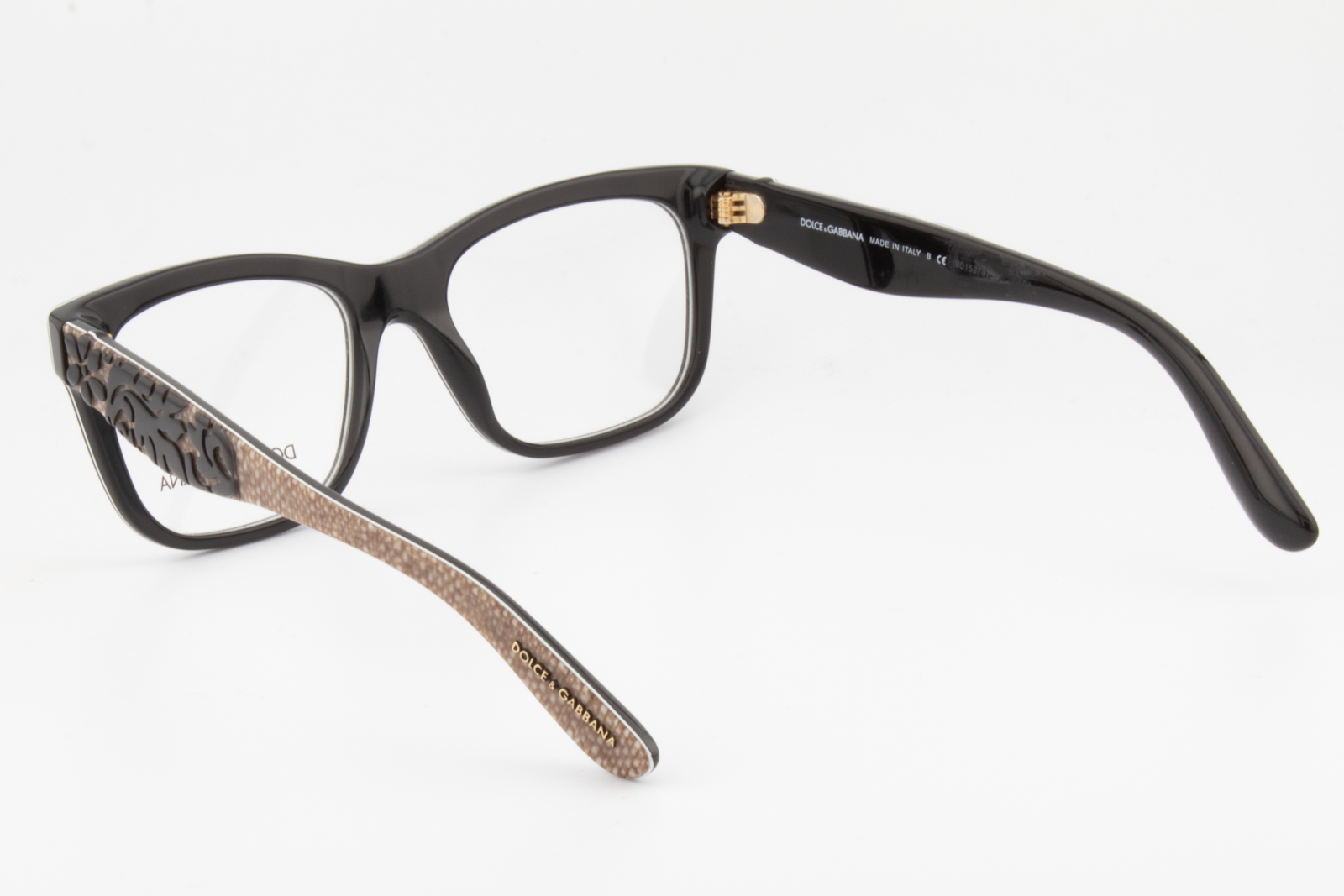Dolce & Gabbana DG3239  Female Square Glasses Frame Black with brown patterened arms and black embossed flower temples 52mm