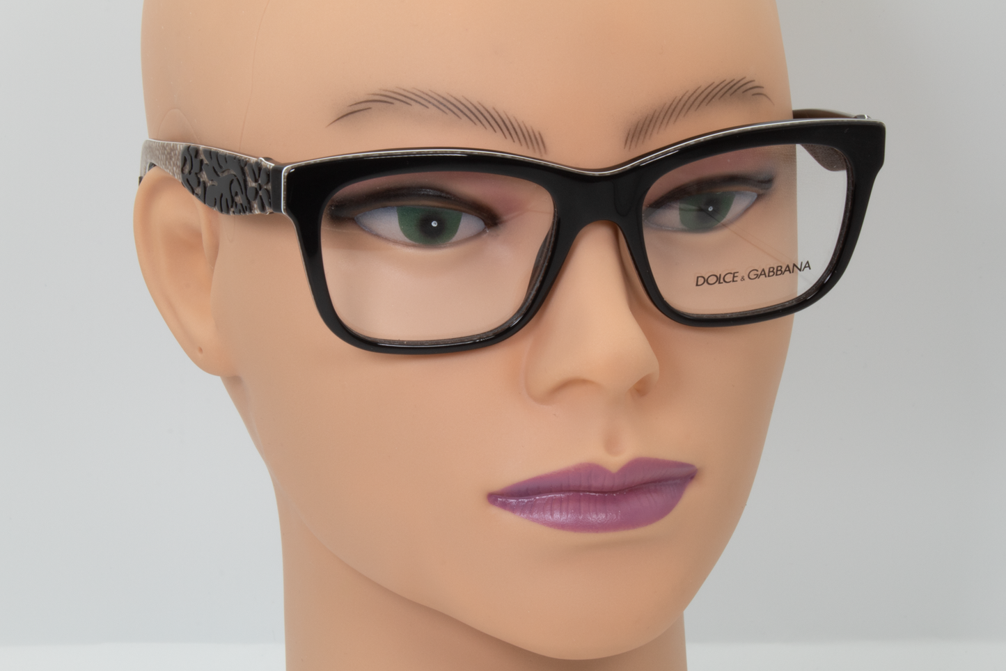 Dolce & Gabbana DG3239  Female Square Glasses Frame Black with brown patterened arms and black embossed flower temples 52mm